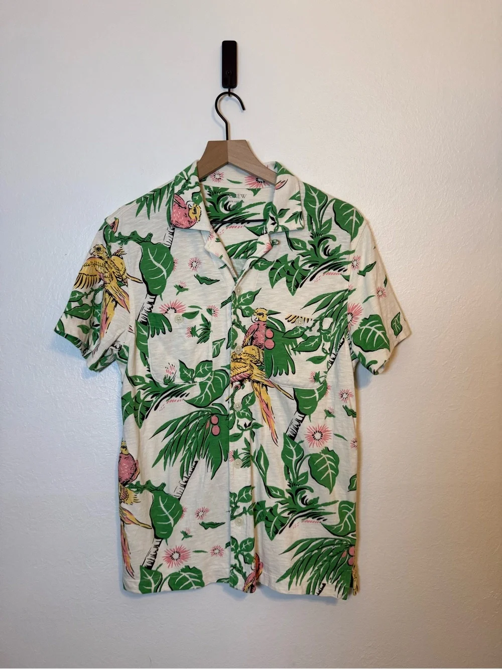 JCREW Short-sleeve cotton knit camp-collar shirt Tropical‎ Parrot Print